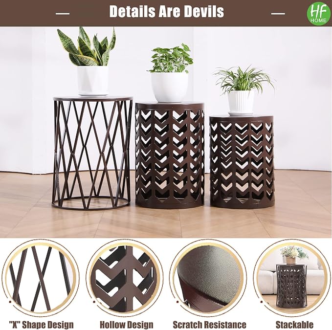 HFHOME Round Nesting Coffee Tables, Set of 3 End Tables for Living Room Balcony Office, Heavy Duty Metal Stacking Side Tables for Home Indoor - Brown