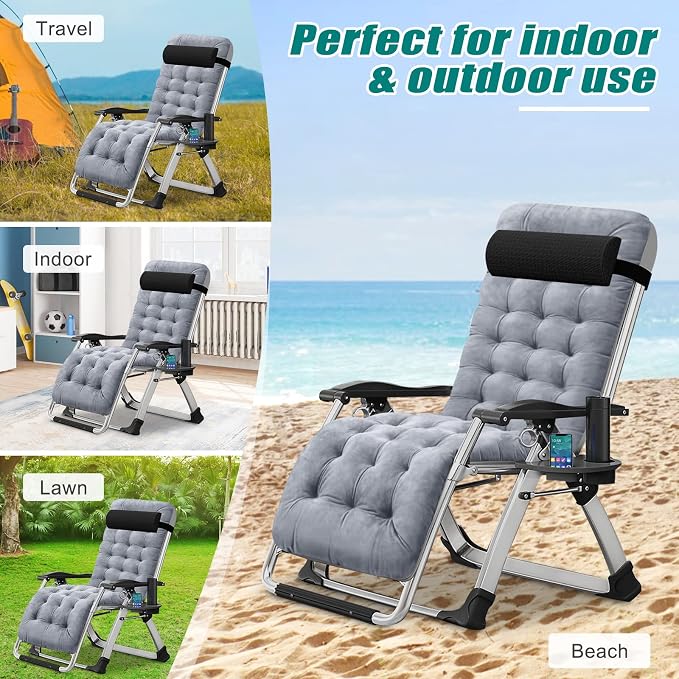 DoCred Zero Gravity Chair, Lawn Recliner, Reclining Patio Lounger Chair, Folding Portable Chaise with Detachable Soft Cushion, Cup Holder, Headrest