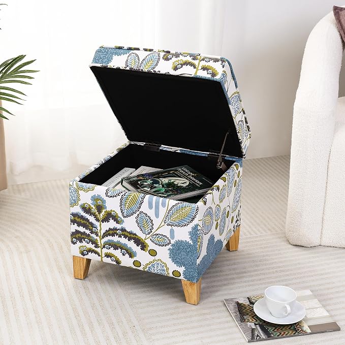 Adeco 18 Inch Linen Storage Ottoman Cube, Upholstered Footstool for Living Room & Bedroom, Vanity Stool with Safety Hinge Lid & Solid Wood Legs, 2-Min Assembly, Blue Leaves