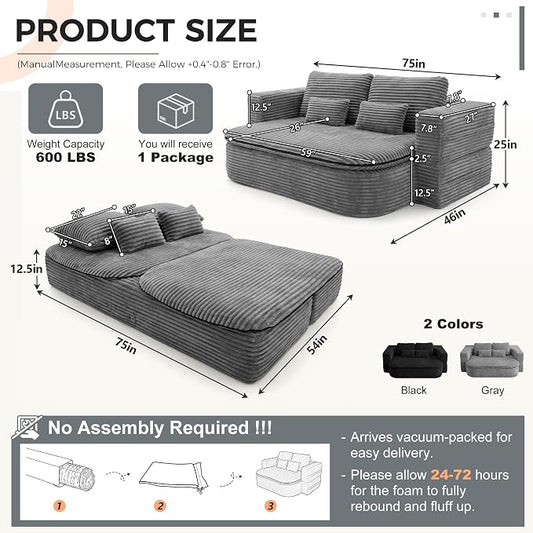 75" Boneless Couch Bed, Corduroy Fold Up Sleeper Sofa for Adults, Memory Foam Frameless Floor Couch with 4 Pillows & Blanket, No Assembly Foldable Guest Bed for Apartment,Living Room