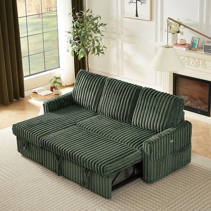 KCGKCG Sleeper Sofa Bed, 81” Pull Out Couch Bed with Reversible Storage Chaise, 3 in 1 L-Shaped Couch with Charging Station, Cup Holder, Side Pocket, Plush Corduroy Couches for Living Room(Green)