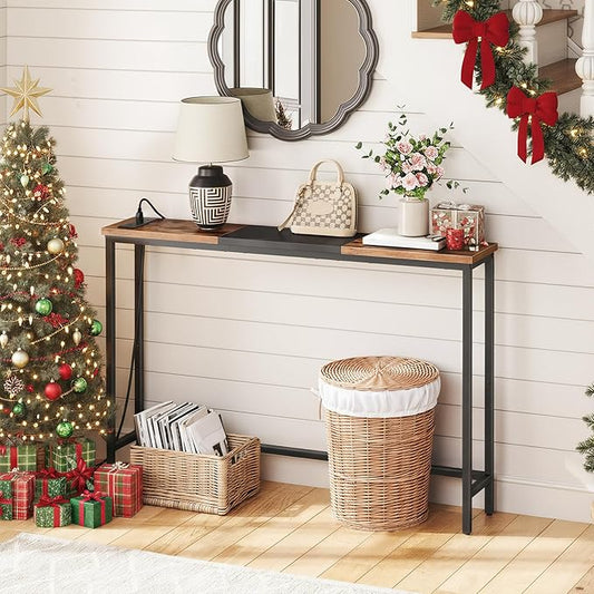 HOOBRO Narrow Console Table with Power Outlets, 44.9 Inches Sofa Table, Slim Behind Couch Table, Entryway Table with Display Shelf, for Living Room, Foyer, Hallway, Rustic Brown and Black BF114UXG01