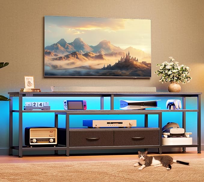 Huuger 63 Inch LED TV Stand for 65 70 Inch TV, Entertainment Center with Open Shelves and Power Outlets, TV Console for Living Room, Media Console with Drawers, Grey, 8779HC