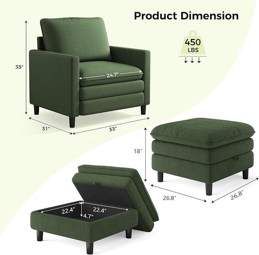 Welzona 3-Layers Cloud Accent Chair with Ottoman, 33" Comfy Reading Chair for Bedroom, Living Room, Tool-Free Assembly with Teddy Fabric Arm Chairs and Ottoman Set, Green, Removable Washable Cover
