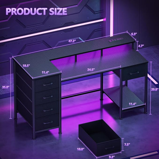 Korfile 47 Inch Computer Gaming Desk with Power Outlets & LED Lights Reversible Home Office Desk with Adjustable 5 Fabric Storage Drawers for Working Writing Study, Carbon Fiber Black