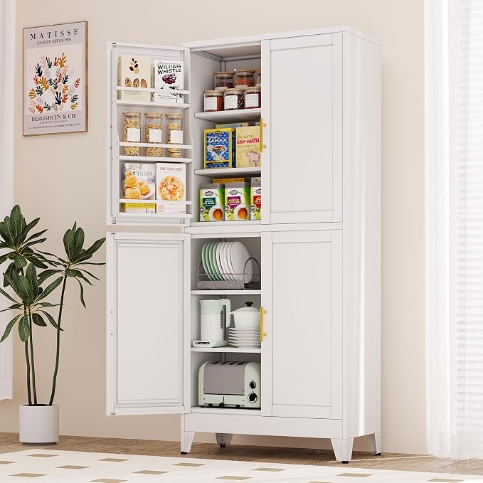 PAOFIN 75" H Metal Storage Cabinet, Pantry with 6 Door Shelves and 4 Adjustable Shelves, Leveling Foot for Kitchen, Living Room and Dinning Room, White