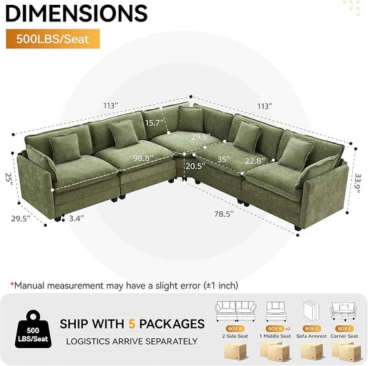 113'' V Shaped Cloud Sectional Sofa, Oversized Deep Seat Couches for Living Room, Chenille Comfy Upholstered Modular Sectional Sofa Couch, Green
