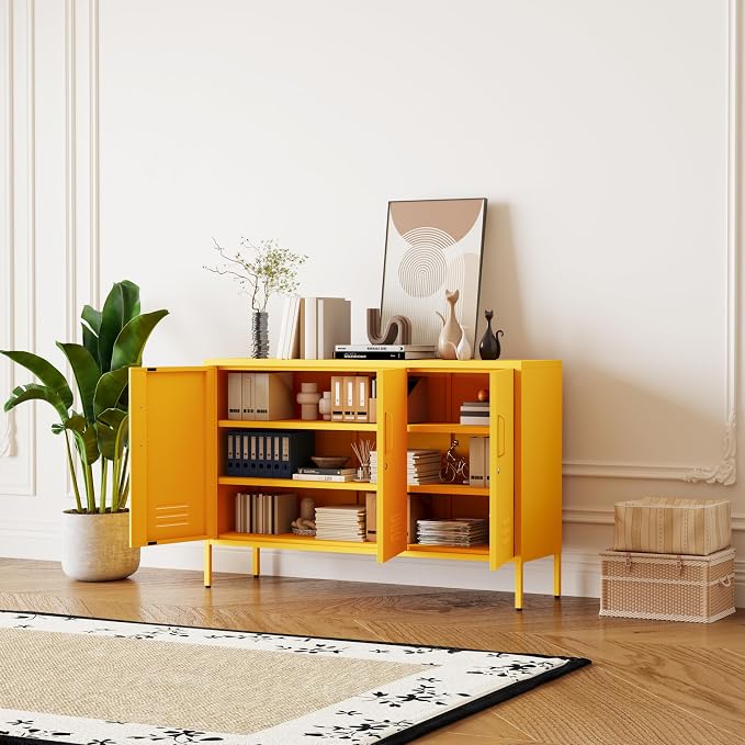 Yellow Metal Storage Cabinet 3 Door Wide Metal Storage Cabinet 2 Layer Adjustable Shelves 32 "H Wide Steel Lockable Storage Cabinet Multipurpose Metal Accent Cabinet for Office/Home/Dining