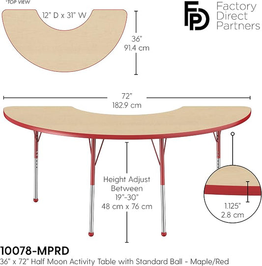 FDP Half Moon Activity School and Office Table (36 x 72 inch), Standard Legs with Ball Glides for Collaborative Seating Environments, Adjustable Height 19-30 inches - Maple Top and Red Edge