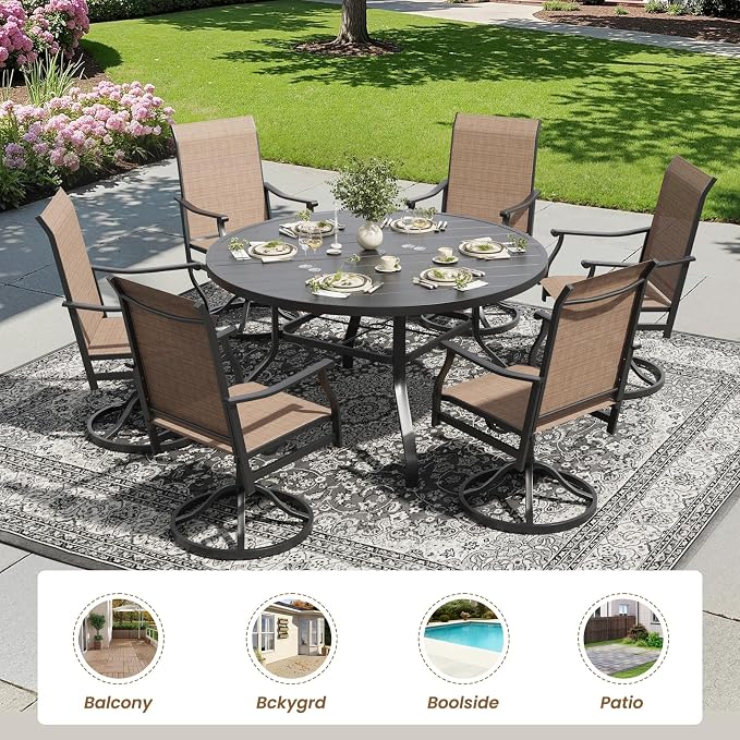 Soohow Outdoor Dining Set for 6, 7-Piece Round Table Patio Dining Set, 6 x Swivel Patio Chairs and 1 x 47 Round Outdoor Dining Table, for Poolside, Backyard and Proch