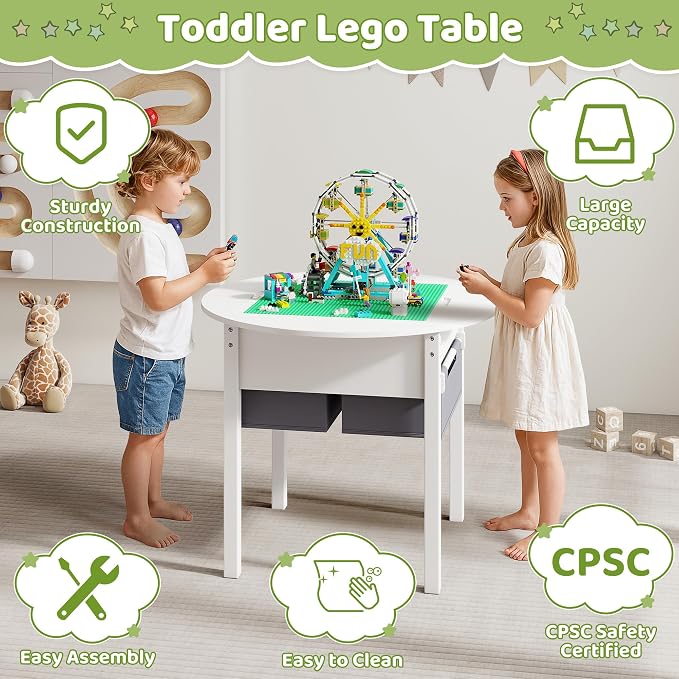 DOREROOM Kids Table with Storage, Wooden Kids Play Table with 2 Canvas Drawers, Round Toddler Activity Tables with Double Sided Desktop for Ages 3-8, Building Blocks, Toddler Desk for Bedroom/Nursery