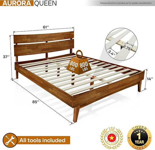 Acacia Aurora Wooden Bed with Headboard, Queen Size Bed Frame, 800lbs Capacity Wood Bed Compatible with All Mattress Types, Non-Slip & Noise-Free, Wood Slats Support, Easy Assembly, Walnut