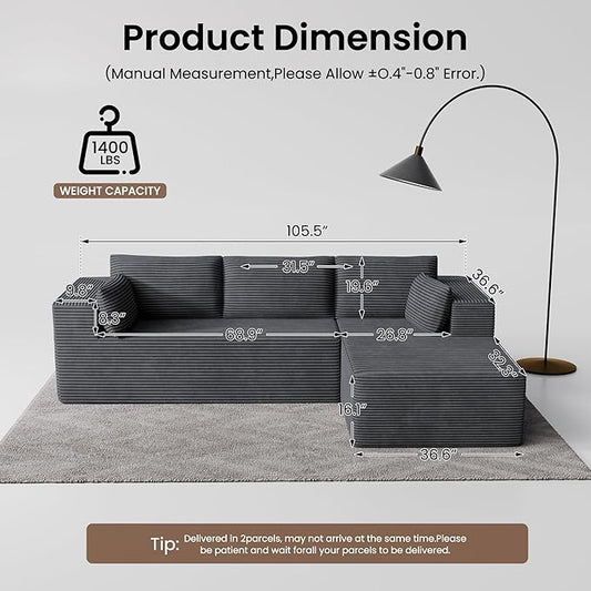 106" Cloud Sectional Boneless Couches for Living Room, Modular L Shaped Couch with Deep Seat Oversized Right Facing Chaise, Memory Foam Compressed Spineless 3 Seater Sofa for Apartment, Grey