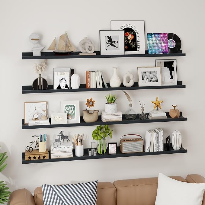 Axeman Picture Ledge Shelf | 55 Inch Black Floating Shelves Set of 4 | Rustic Wood Wall Shelves with Lip | 55" Black Picture Shelves for Wall with Ledge | Photo Shelves
