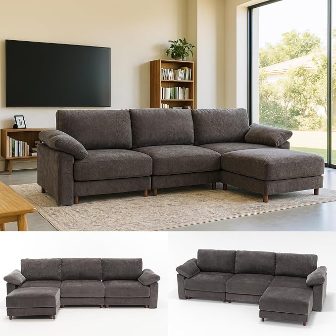 Oversized Modular Cloud Couch with Removable Washable Cover, L -Shaped Sectional for Large Living Room, Plush Chenille & Deep Seat(Grey)