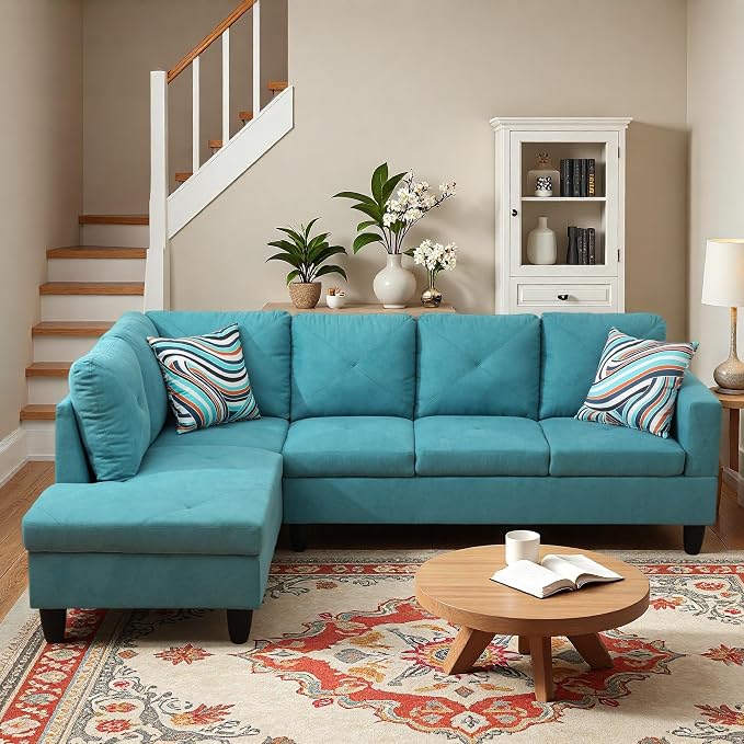 L-Shaped Sectional Sofa, Modern 4-Seat Couch with Left Facing Chaise, Sectional Couch for Living Room, Apartment, Office, Blue