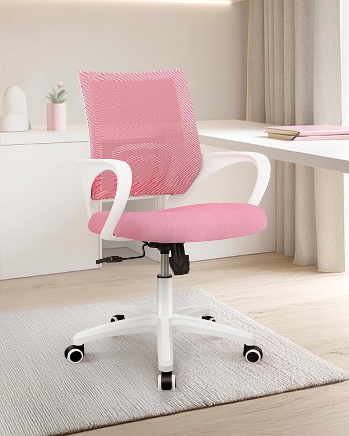 NEO CHAIR Office Desk Computer Chair Ergonomic Mesh Gaming Cushion Seat with Comfy Lumbar Mid Back Support Adjustable Height Swivel Rolling Wheels for Home Task (Pink)