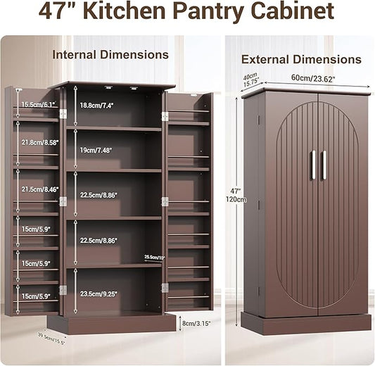 kepptory 47" Kitchen Pantry Cabinet with Doors and Adjustable Shelves, Freestanding Pantry Storage Cabinet, Farmhouse Buffet Cupboard for Kitchen, Dining Room, Living Room, Grey (Brown)