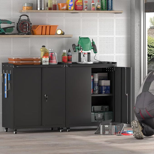 GREATMEET Garage Storage Cabinet with Wheels, Lockable Metal Storage Cabinet, Rolling Tool Cabinet with Adjustable Shelf, Push Handle for Shop, Home, Office, Black