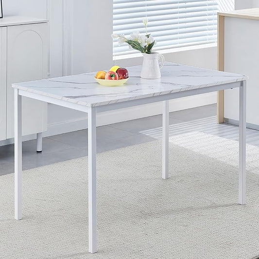 47 Inches White Faux Marble Dining Table for 2-4 People, Modern Rectangular Kitchen Table for Dinner Table for Dinner(MDF Top with Metal Legs and Frame