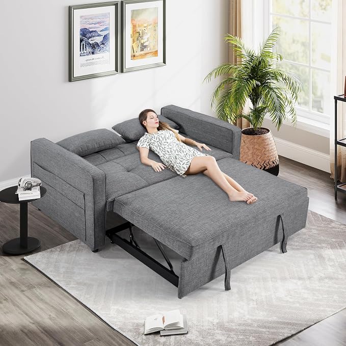 HAOMARKETS 3 in 1 Convertible Sleeper Sofa Bed, Loveseat Chaise Lounge with Pullout Bed, 2-Seater Futon Couches with Storage Pockets, 3-Level Adjustable Backrest and Pillows for Living Room, Dark Grey