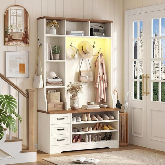 TVU Storage Hall Tree with Bench & 3 Drawers, 22-in-1 Coat Rack With 9 Coat Hooks, Farmhouse Entryway Bench With 9 Open Shelves for Hallway, Entryway (Hall Tree)