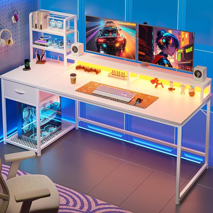 55 Inch White Computer Desk with Drawers and Hutch,Reversible Home Office Desk with Monitor Shelf,Gaming Desks with USB Power Outlets&Storage,Writing Study Table for Bedroom with LED Lights,White