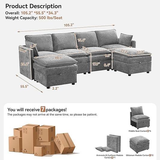 105" Cloud Modular 4 Seater Sofa with 2 Storage Ottoman, Modern Upholstered Sofa Storage Sofa Couch Deep Seat, U Shape Sectional Sofa Chenille Comfy Couch with Armrests for Living Room, Light Grey