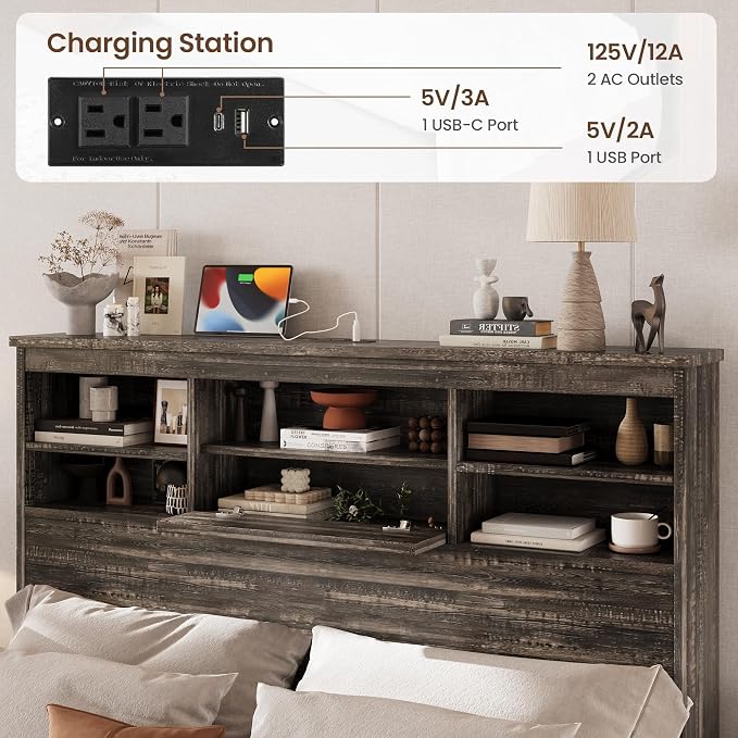 4 Piece Bedroom Set, Queen Size Bedroom Furniture Sets with 2 Nightstands and Charging Station, Bedroom Furniture Sets with 1 Dresser and Wood Platform Bed Frame for Bedroom, Antique Gray