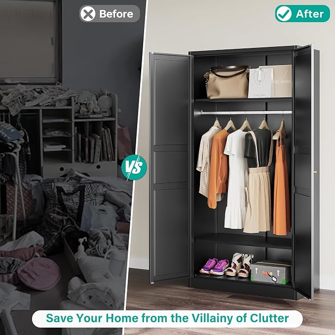 Metal Wardrobe Cabinet,Armoire Wardrobe Closet with doors,Black Metal Clothing Storage Cabinet with Adjustable Shelves and Hanging Rod,72" Cloth Storage Cabinets for Home,Bedroom Armoires,Laundry
