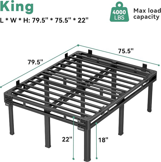 Superay King Bed Frame, 22 inch Metal Bed Frame & Box Spring 2 in 1 Platform with Rounded Legs, Double Layer Bed Frame with Matress Gasket & headboard Adapter, Support Up to 4000lbs