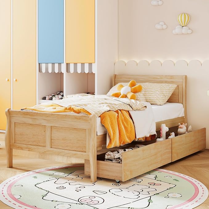 Giantex Twin Bed with 2 Storage Drawers, Wood Platform Bed with Headboard & Footboard, Wooden Slats Support Mattress Foundation, Twin Bed Frames for Kids Teens Adults, No Box Spring Needed (Natural)