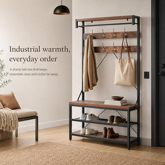 Hall Tree with Bench and Shoe Storage, Entryway Bench with Coat Rack, 3-in-1 Mudroom Organizer with 8 Hooks, Freestanding Industrial Storage Rack for Hallway, Rustic Brown