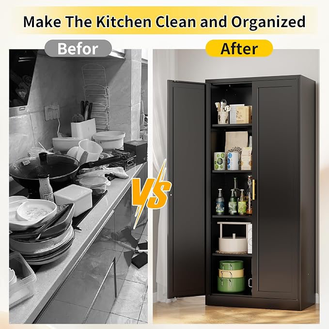 Metal Kitchen Pantry Cabinet, 71"H x 28"W x 14"D Cabinet with 2 Doors and 4 Adjustable Shelves, Kitchen Pantry Storage Cabinet, Metal Pantry Cabinet for Kitchen, Dining Room, Living Room-Black