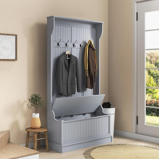 HOMCOM Hall Tree With Bench and Shoe Storage 3-In-1 Entryway Bench Gray | Coat Rack, 5 Hooks, Flip Top Storage Compartment
