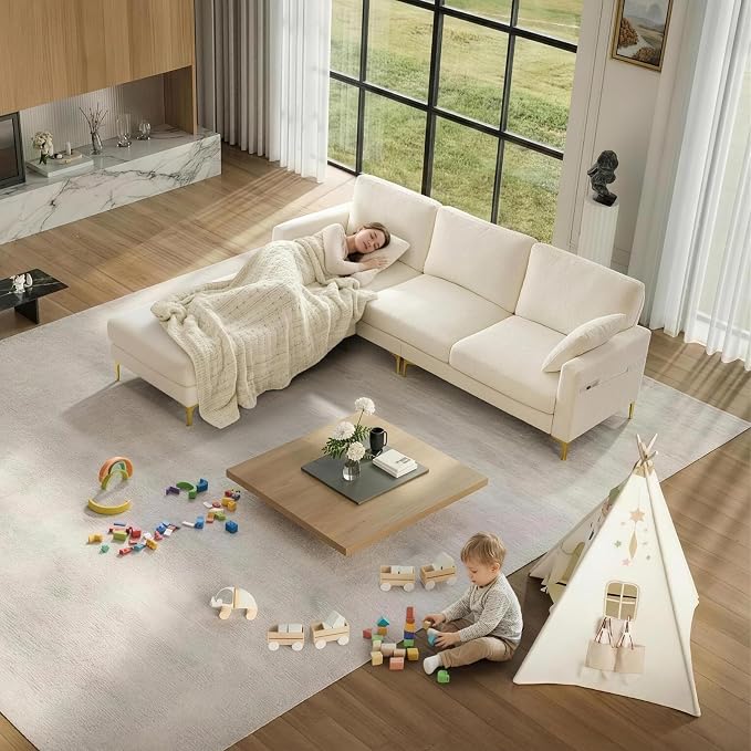 VINGLI 100" W U Shaped Couch with Ottoman, 22" Deep Seat Comfortable Sectional Couches for Living Room, 3 Seater Chenille Fabric Cloud Sofa for Apartment, Small Spaces, Bedroom, Beige