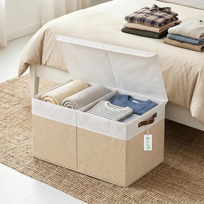 Bagnizer Large Toy Storage Box with Lids, Collapsible Sturdy Baby Storage Organizer Chest Bin Basket for Kids, Boys, Girls, Playroom, Nursery, Bedroom, Closet 25"x13"x16" (Beige and White)
