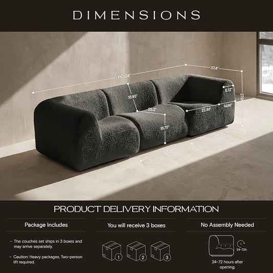 110" 3-Seater Modular Sectional Sofa, Sherpa Cloud Couch with Deep Seat Comfort, Boneless Curved Sofas with High-Density Foam Strong Support, Modern Cozy Sofa for Living Room – No Assembly, Grey