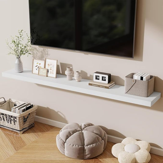 Fun Memories 72 Inch Fireplace Mantel Shelf, 10 Inch Deep Shelves for Display & Wall Storage, Rustic Wood Wall Shelf, Extra Long Floating Shelves for Living Room Laundry Room, White, Set of 2