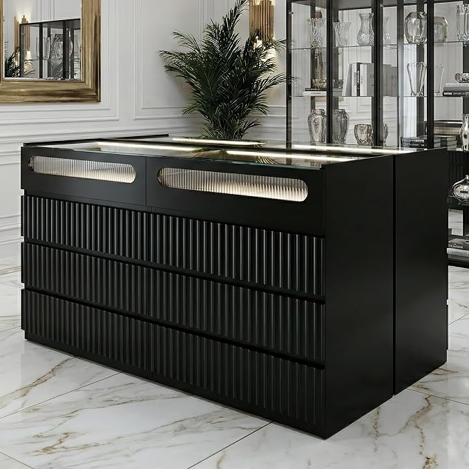 senlin Modern 16 Drawer Wardrobe Armoire with Glass Top LED Lights,Fluted Island Dresser Bedroom Closet Organizer System,Large Clothing Storage Cabinet with Jewelry Tray,Hidden Handles (Black)