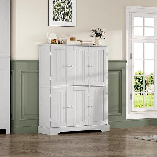 ChooChoo Bathroom Floor Cabinet, Modern Bathroom Storage Cabinet with 6 Doors and Adjustable Shelves, Freestanding Cupboard for Living Room, White