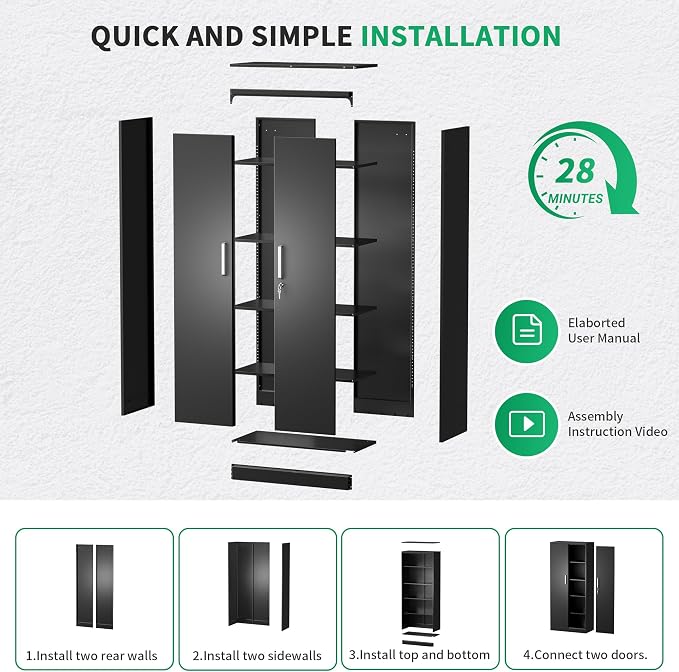 Metal Garage Storage Cabinet with Doors and Adjustable Shelves, 71" Tall Locker Organizer Steel Garage Cabinets, Lockable File Cabinet for Home, Office, Warehouse, Tools