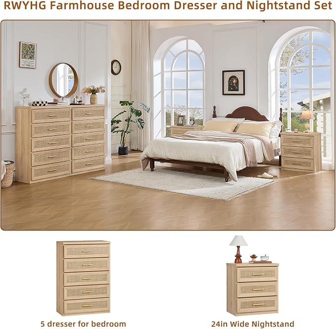 RWYHG Rattan Dresser for Bedroom with 5 Drawers 45" Tall Wood Closet Organizer with Metal Handle Furniture for Living Room Hallway Natural