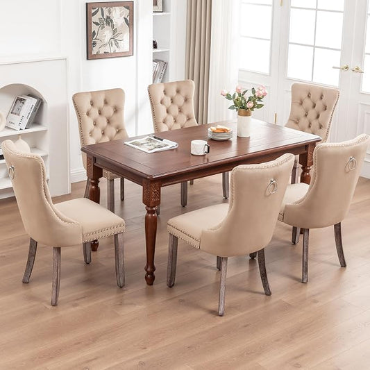 Mid Century Modern Dining Chair Set of 6 Velvet Upholstered Dining Accent Chair Farmhouse Dining Chairs with High Back and Nailhead Trim for Kitchen, Living Room, Bedroom (Khaki)