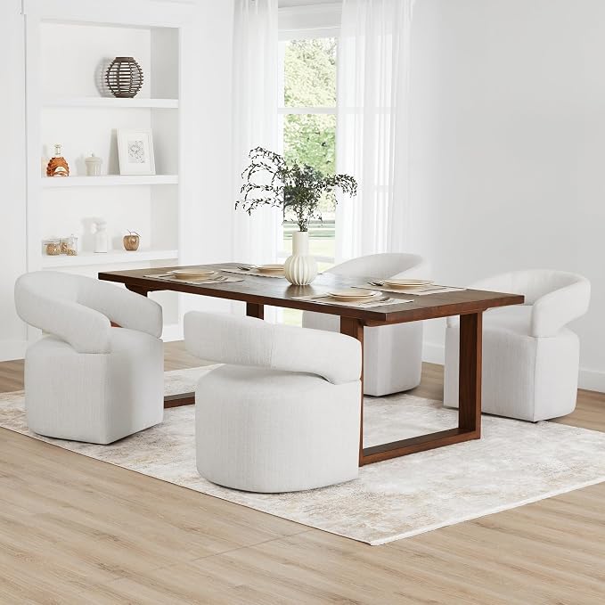 KISLOT Upholstered Dining Chairs Set of 1, Modern Rolling Dining Chairs with Hidden Casters, Arm Kitchen Chairs with Linen Look Fabric, Padded Barrel Chairs for Dining Room, Kitchen, Bedroom, Linen