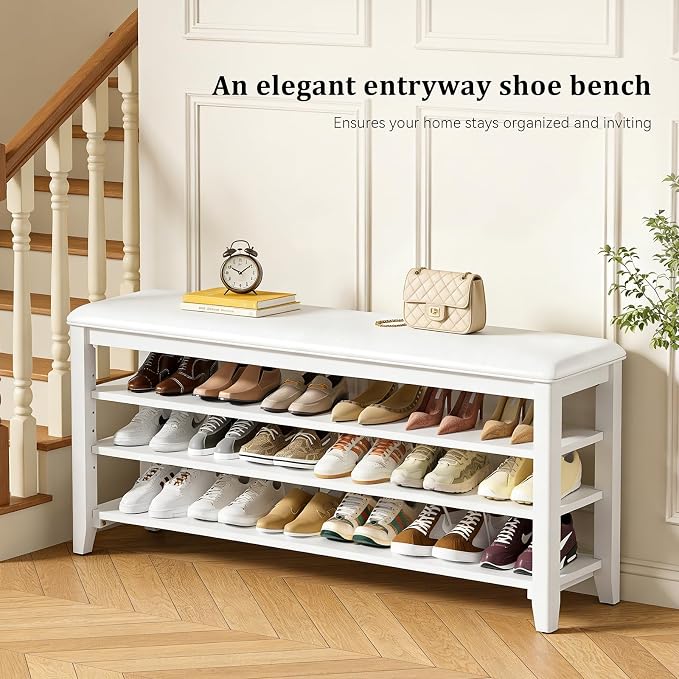 Shoe Rack Bench Entryway Storage with Leather Cushion, Shoe Organizer Bench for Entryway, Ideal for Front Doors Entrances Hallway Mudroom Featuring Rubberwood And 3 Height-Adjustable Removable Shelve
