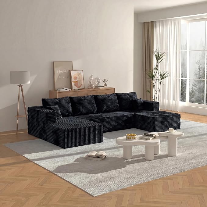 138" Modern Modular Sectional Sofa, U-Shaped Cloud Couch, Soft Corduroy Boneless Couch with 3060 High Rebound Memory Foam, Sectional Couches for Living Room-Black(Left Facing Chaise)