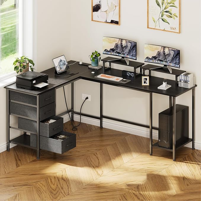 Korfile 66" L Shaped Computer Desk, 94.4'' Home Office Desk with Power Outlets, 4 Adjustable Storage Drawers & 2 Monitor Stands, Large Two Person Gaming Table for Writing Study, Black