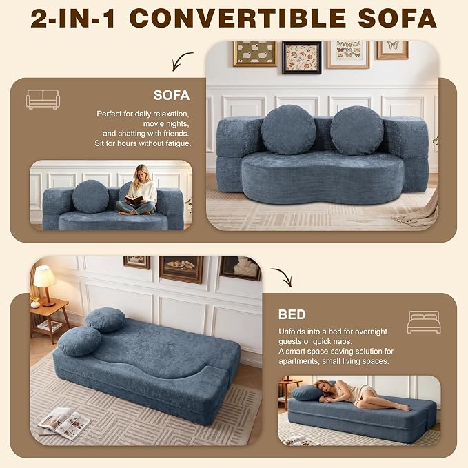 Vongrasig 77” Convertible Sofa Bed, Folding Boneless Couch, Floor Sofa 2-in-1 Curved Couch for Small Living Room, Apartment, Guest Room, Blue
