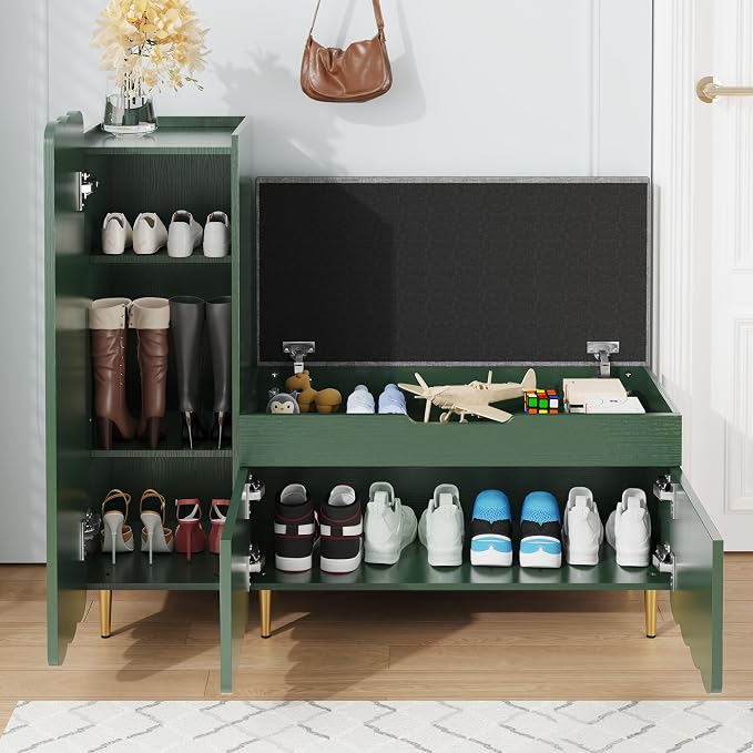 3More Shoe Organizer Cabinet,Entryway Bench with Adjustable Shelves and Cushioned Seat,Unique L-Shaped Bench Cabinet for Entryway, Hallway, Living Room